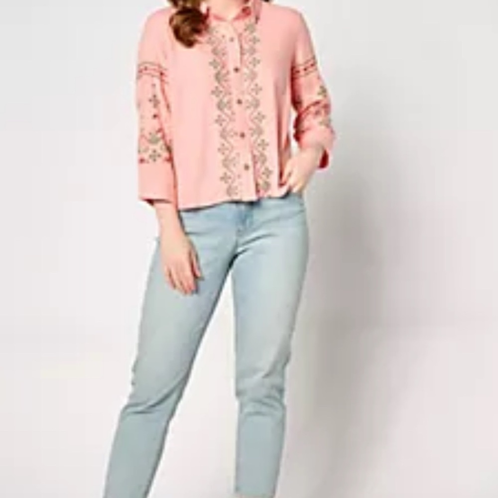Canyon Retreat Coral Embroidered Linen Top Plus 2X New Button‑Down Roll‑Tab - Picture 3 of 11
